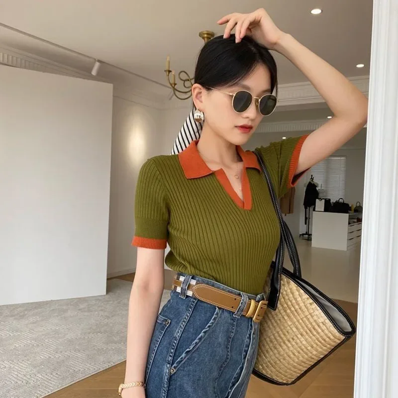 French Contrasting Colors Fashion Polo Shirt Women Summer Lapel Collar Short Sleeve Slim All-match Comfortable Knitting Tops