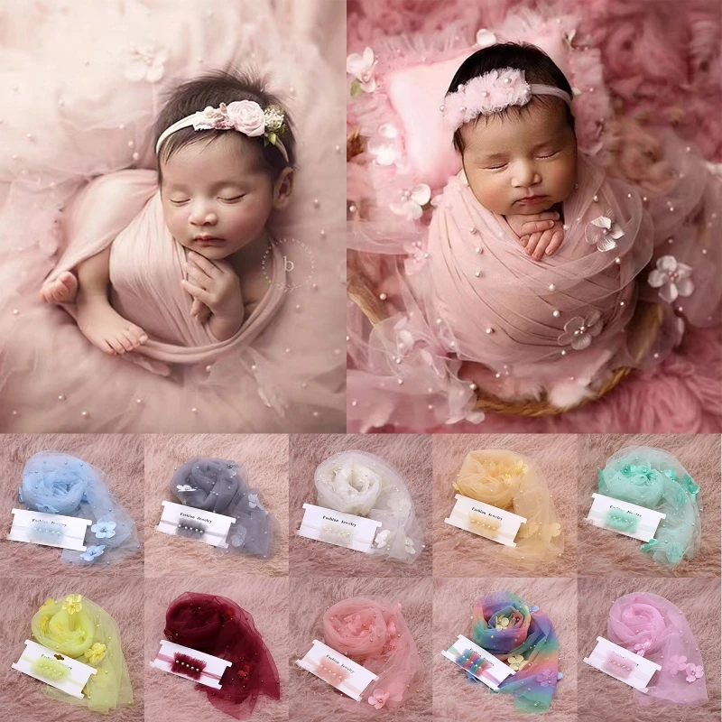 2Pcs Newborn Baby Photography Props Long Wrap Chiffon Beads Flower Decoration DIY Girl Boy Photo Props Blanket with Dropshipping