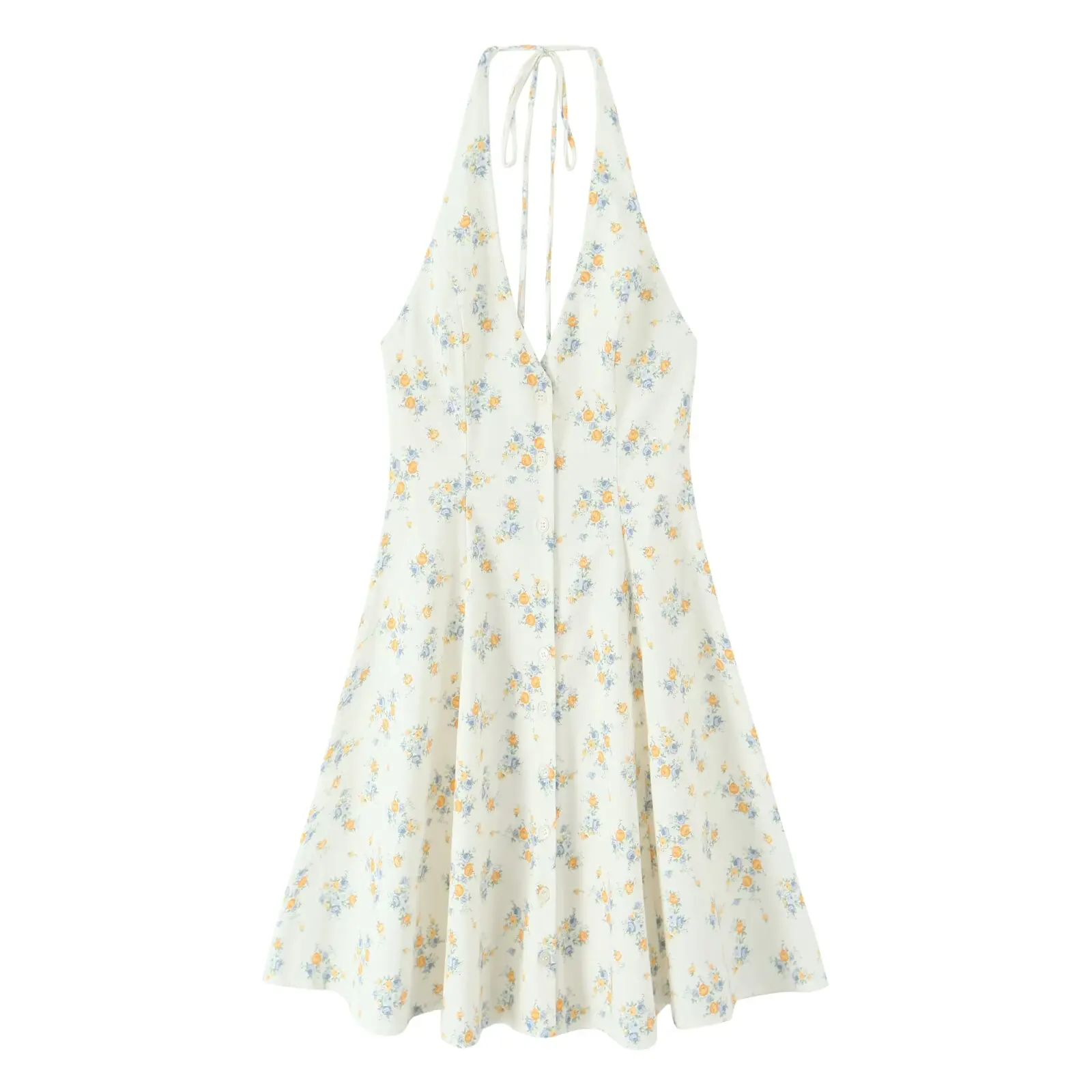 

Women's new fashion slim print hanging neck poplin mini dress retro sleeveless Button-up women's dress