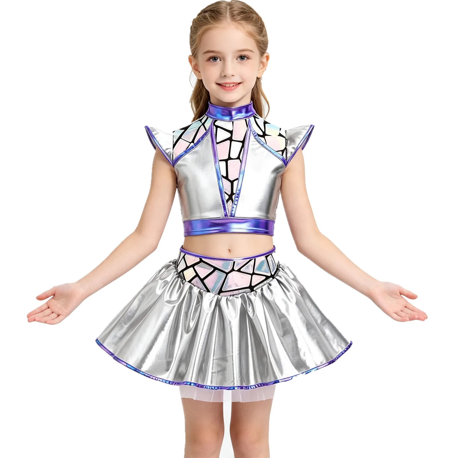 Kids Girls Metallic Shiny Alien Robot Costume Crop Top with Tutu Skirt Built-in Briefs Jazz Dance Outfit for Halloween Party