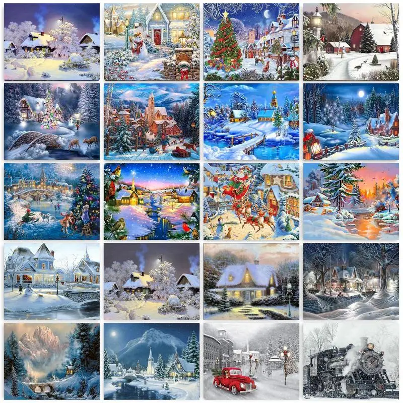 

GATYZTORY 5D Diamond Painting Kits Frame Winter Landscape Cross Stitch Kits Diamond Mosaic Snow House Christmas Decoration Gift