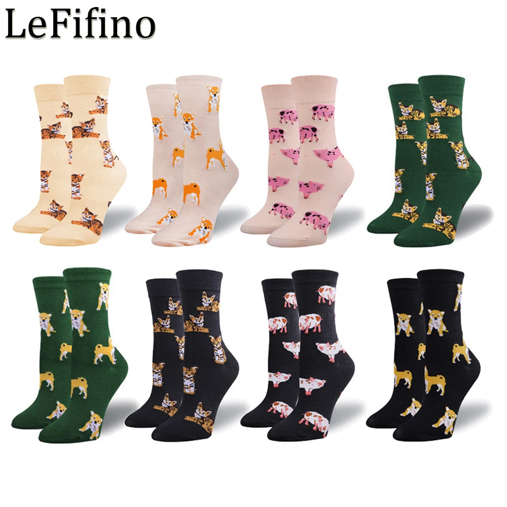 Women\'s Socks Cotton Fashion Harajuku Kawaii Fox Dog Socks Green/Black/White Socks Ukraine Husky Tiger Pig Cat Female Socks