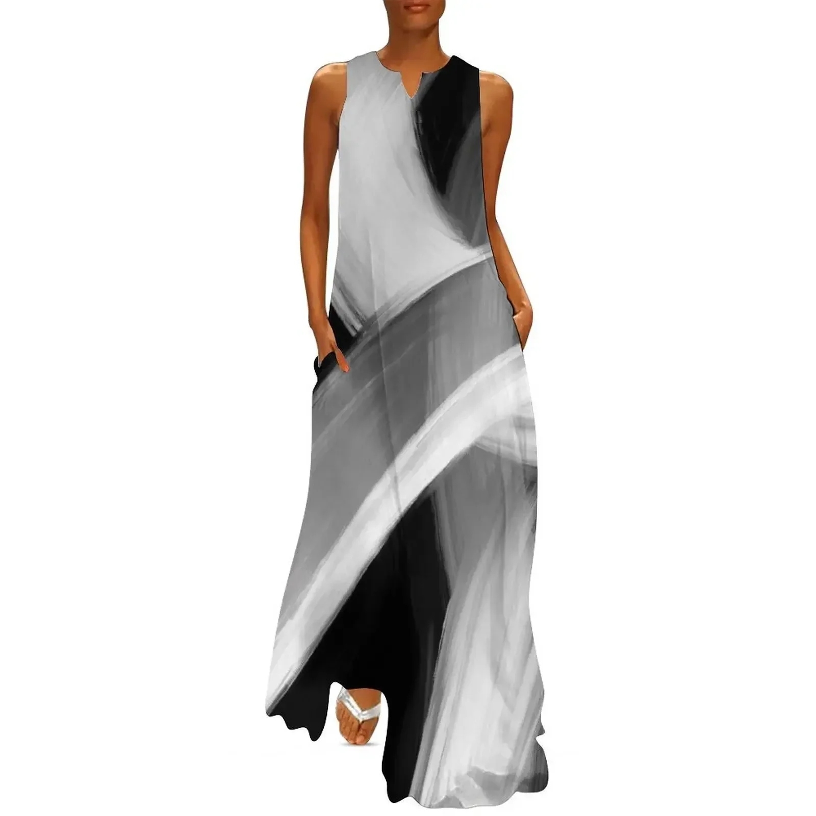 

Black and White Fine Art painted Abstract Long Dress dress for women 2025 dress women summer 2025 clothes for woman