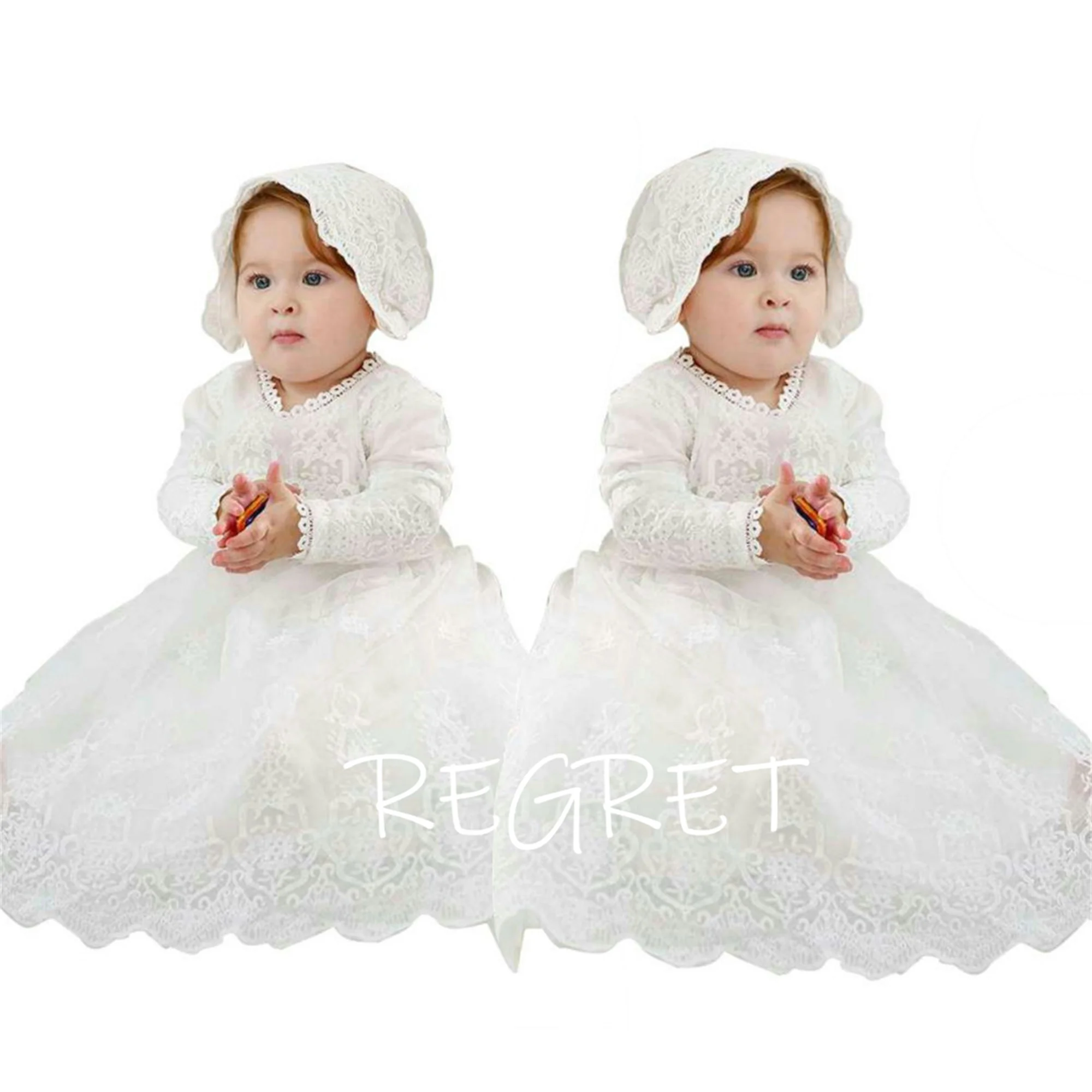 White Baby Girls Christening Gowns Dresses Newborn Baby Baptism Clothes Princess Lace Cotton Full-Sleeved Communion Dress