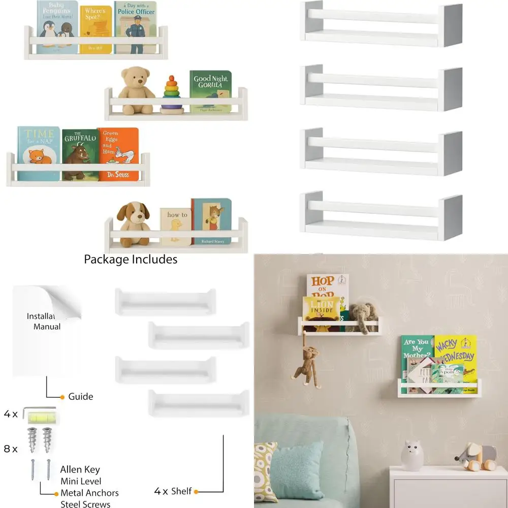 set of 4 white wall-mounted shelves for kids' books and nursery decor