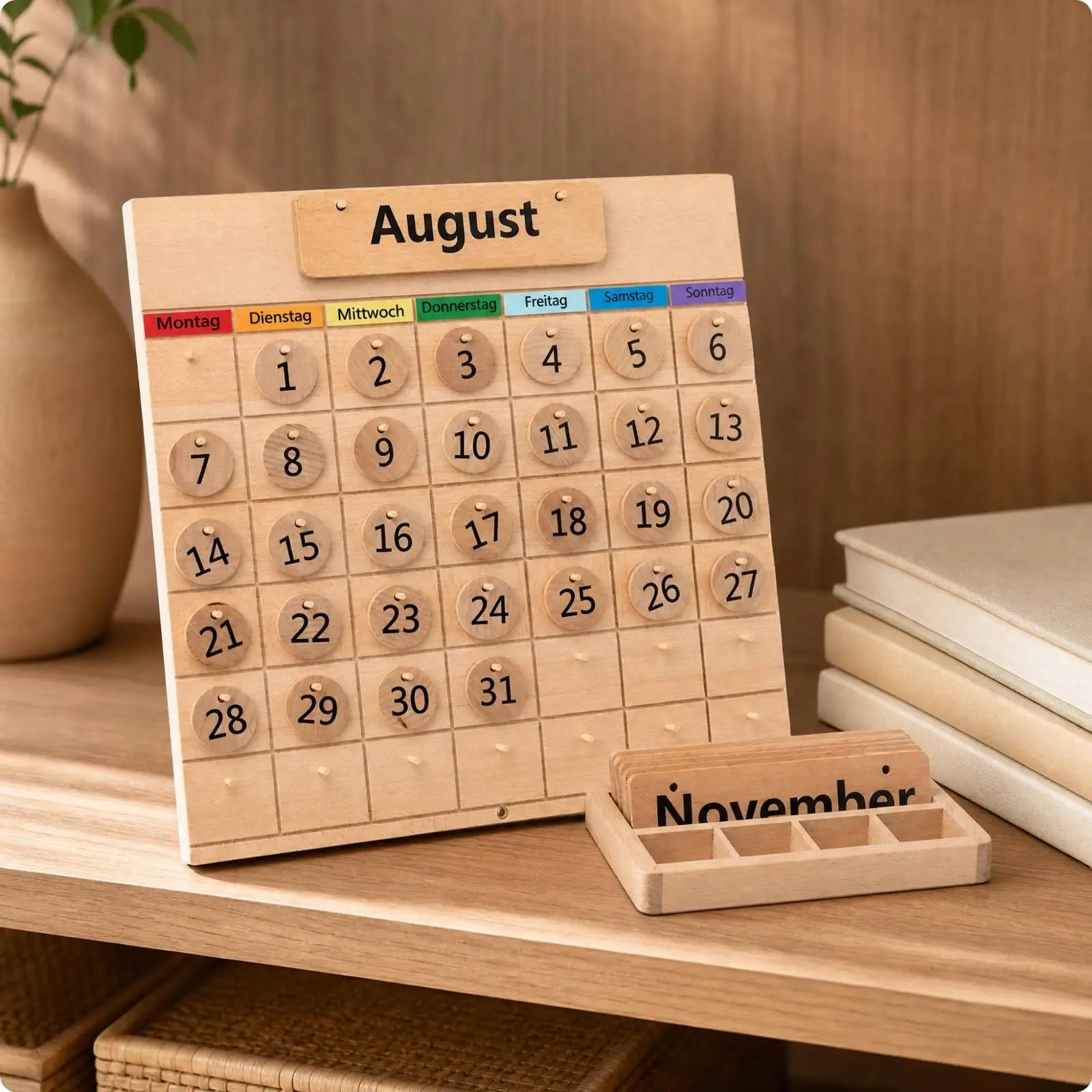Wooden Calendar with Organizer Tray | Color-Coded Weekday Labels, Wooden endless Calendar, for Classroom