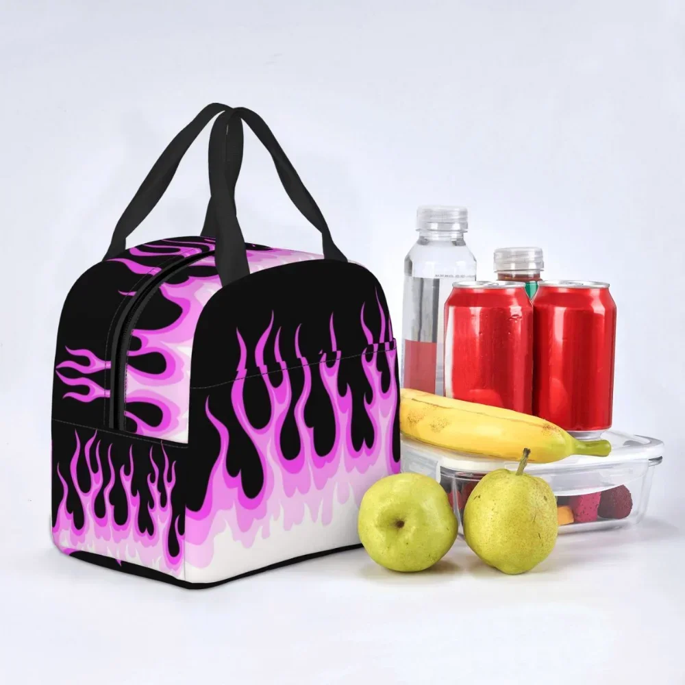 Aesthetic Pop Art Pink Hot Fire Racing Flames Lunch Bag Cooler Thermal Insulated Lunch Box For Women Kids School Food Bags