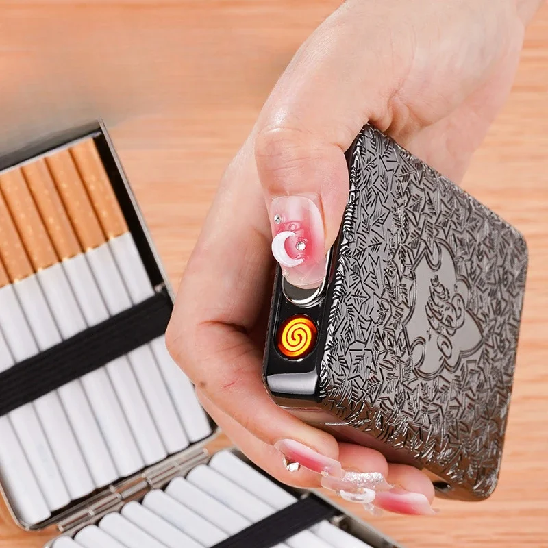 New cigarette lighter cigarette case USB rechargeable lighter movie same style 16-pack standard cigarette case men's smoking set