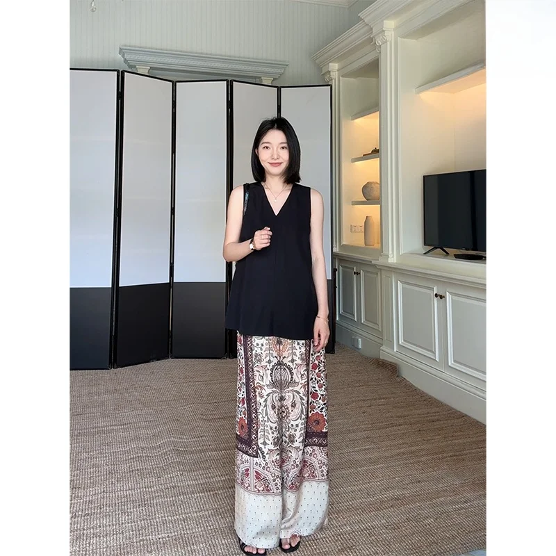 

Loose Wide Leg Pants V-Ne Slimming Svel Top Women's Summer Versatile Linen Faion Set Casual Loose Fit Sle