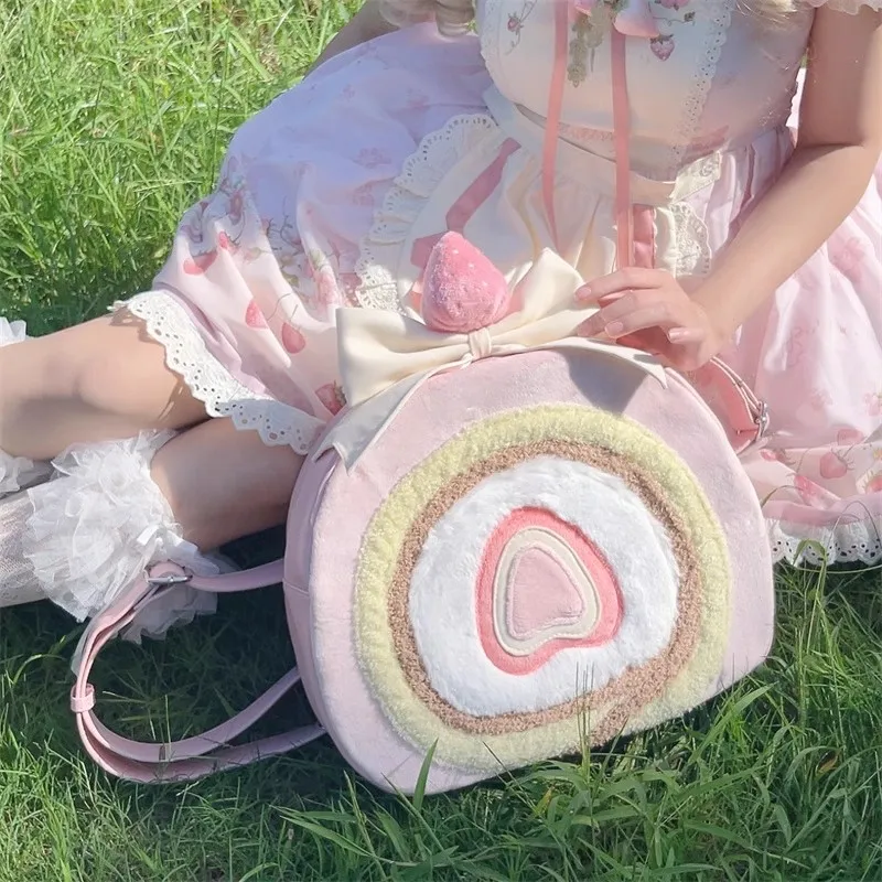 JIAERDI Soft Plush Strawberry Cake Roll Crossbody Bag Women Sweet Kawaii Pink Lolita Bag Girl Large Capacity Bow Backpack Female