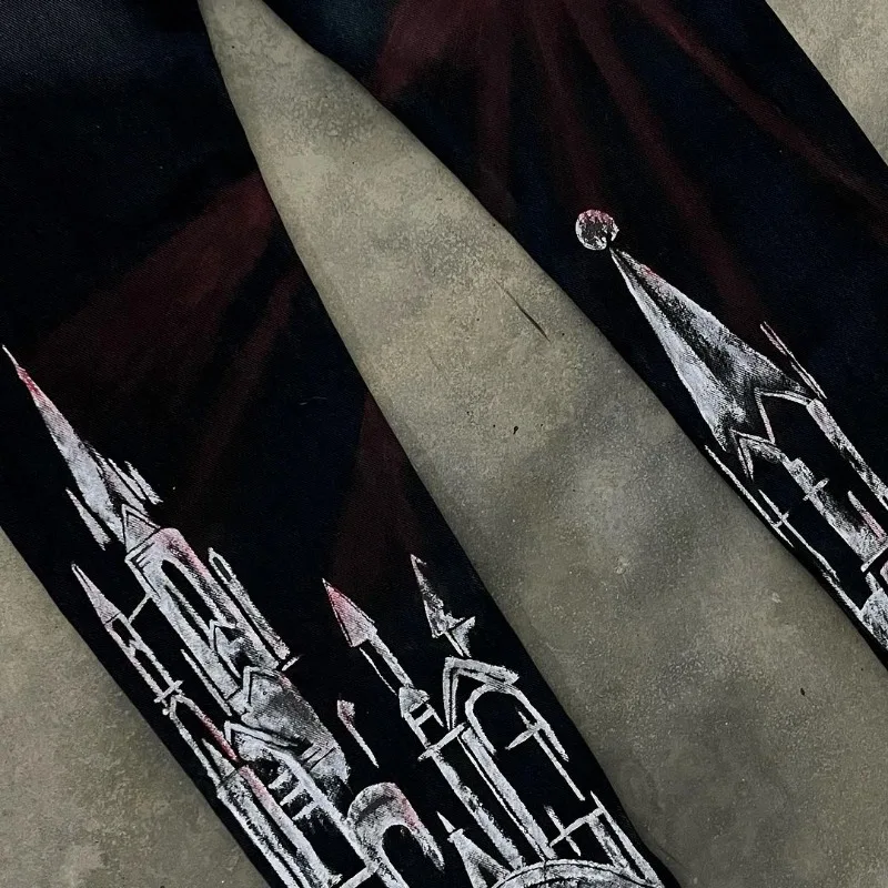 American Gothic Retro Anime Graffiti Print Jeans oversize uomo Y2k moda vita alta lavato dritto gamba larga pantaloni donna