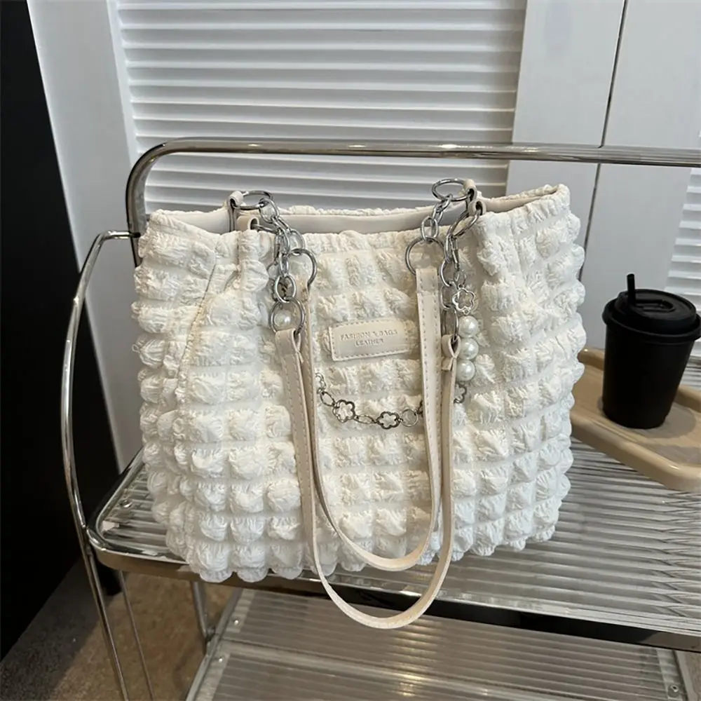 Large Capacity Ladies Tote Bag Fashion Plaid Women\'s Beaded Chain Shoulder Bags Soft Fabric Commuter Female Handbags Purse