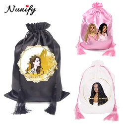 Custom Satin Wig Bags With Logo 25x35cm Wig Storage Bags With Tassel For Packaging Hair Travel Bags With Drawstring Black Pouch