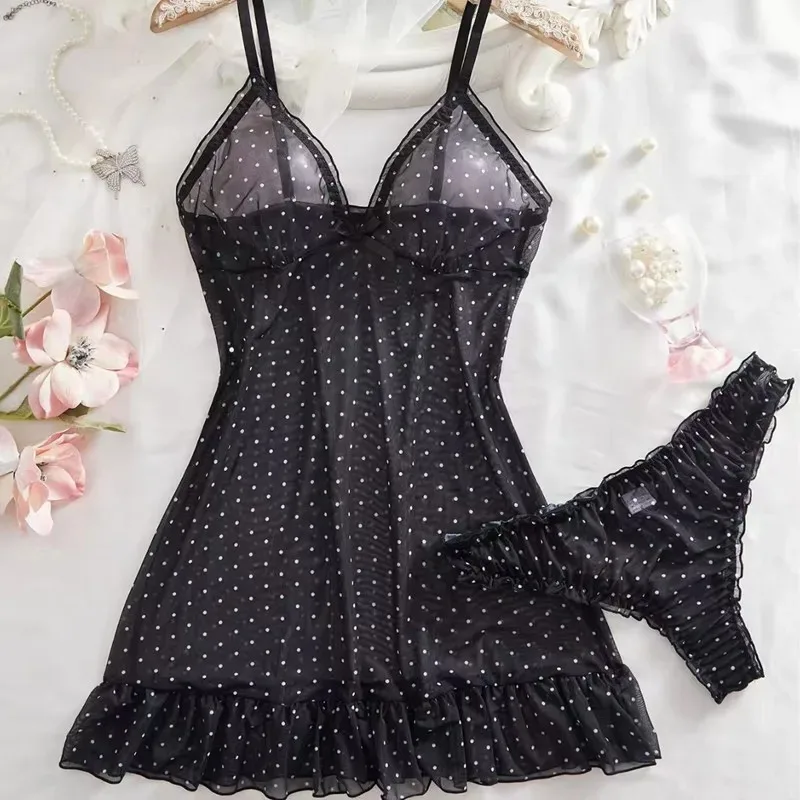 Sexy Women Pink Deep V Polka Dot Stretch Mesh Spaghetti Strap Nightgown Panties Two Piece Sleepwear Lingerie Set 2pcs