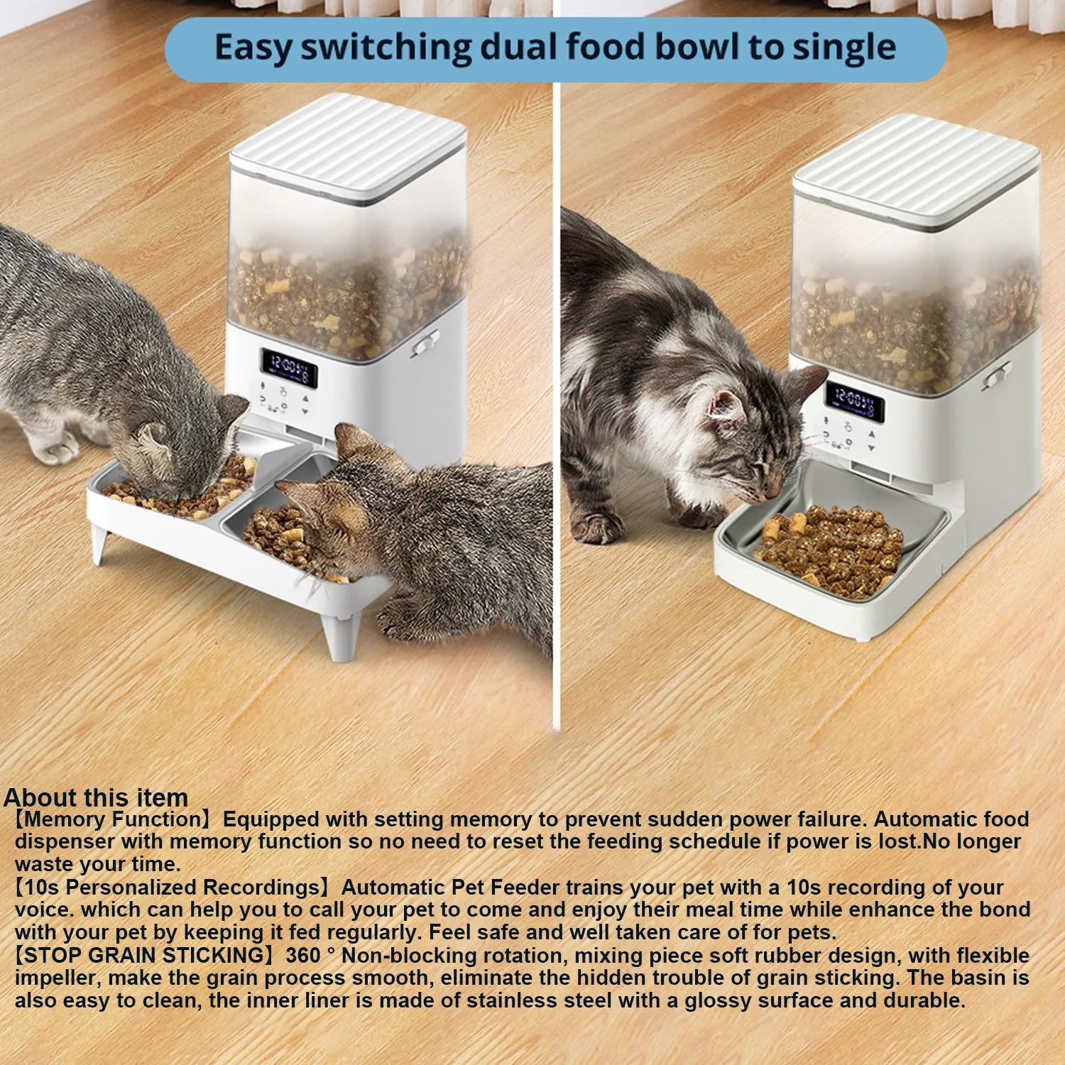 COKBER 5L Automatic Pet Feeder Button Version With Dual Stainless Steel Bowl Cat Food Dispenser Auto Feeding Accessories