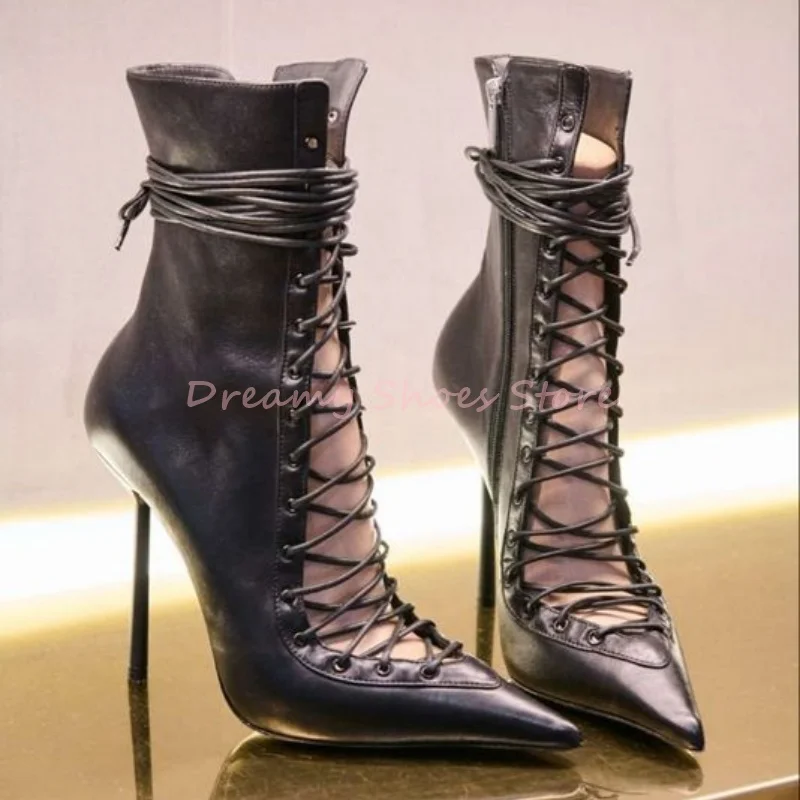

Blue Denim Hollow Lace Up Stiletto Ankle Boots Women Leather Side Zipper Pointed Short Boots Sexy Fashion Party Catwalk Shoes