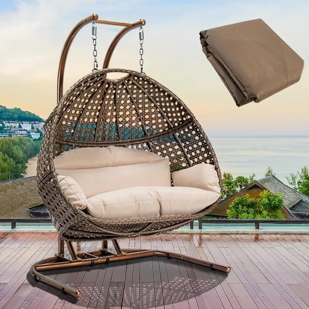 

Double Egg Chair with Stand, Foldable 2 Person Hanging Swing Chair with Waterproof Cover and Cushion