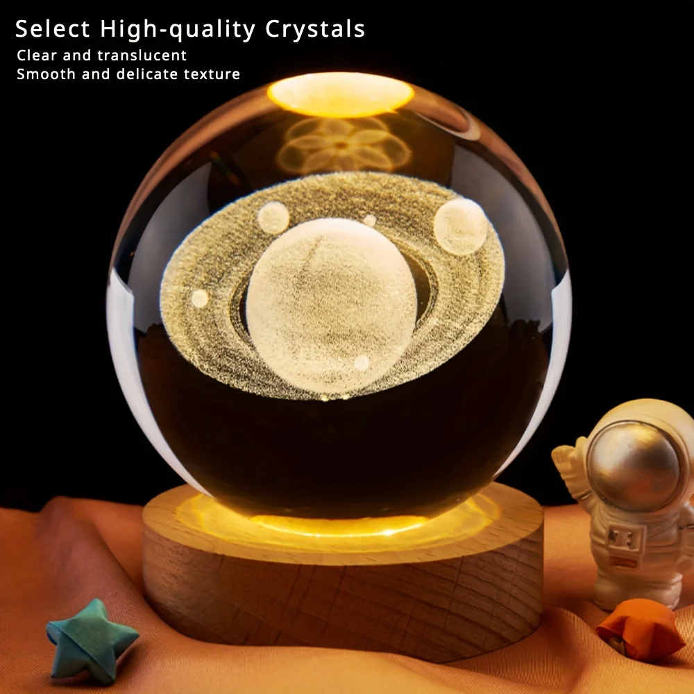 Solar System Crystal Ball Lamp, 3.15 Inch Crystal Ball Night Light with Wooden Base, Planet Laser Engraving Holographic Light, 3