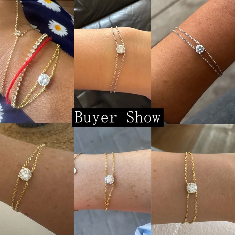 Lnngy 6,5 mm 1 Karat Moissanit-Armband, 925er Sterlingsilber, zertifizierte Doppelketten-Armbänder für Frauen, Charm-Hochzeitsschmuck, Geschenk – Detail 2