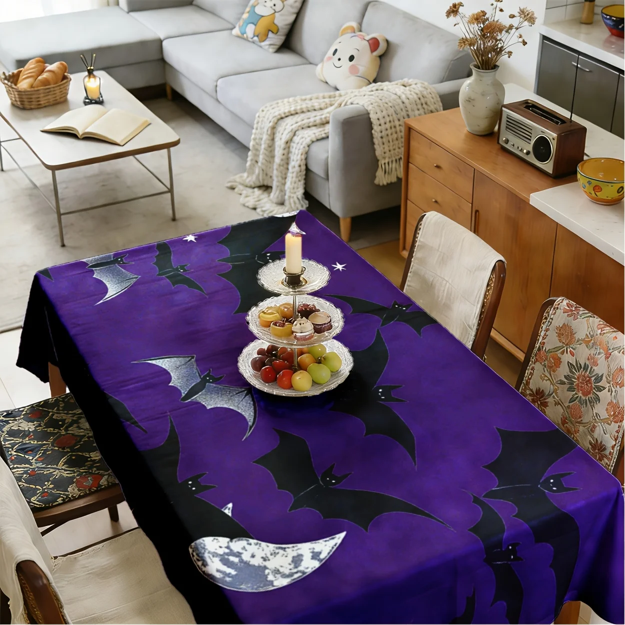 Purple Halloween Rectangle Table Cloth Vintage Bat Moon Star Table Cover Washable Tablecloth Halloween Home Dining Indoor Decor