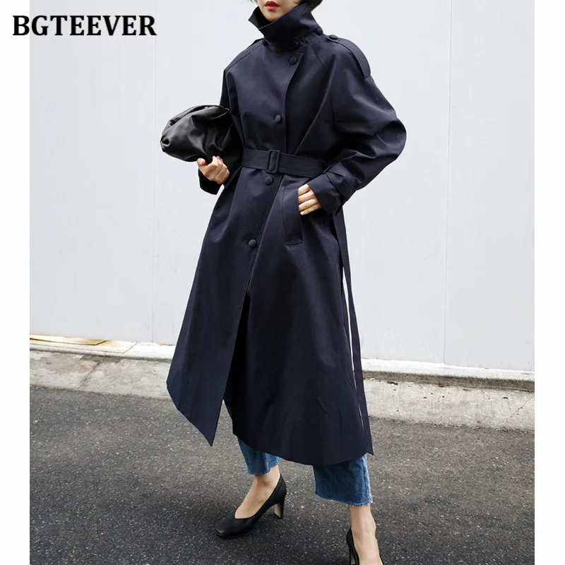 

BGTEEVER Autumn Winter Stand Collar Long Trench Coats for Women Stylish Full Sleeve Single-breasted Belted Ladies Overcoats