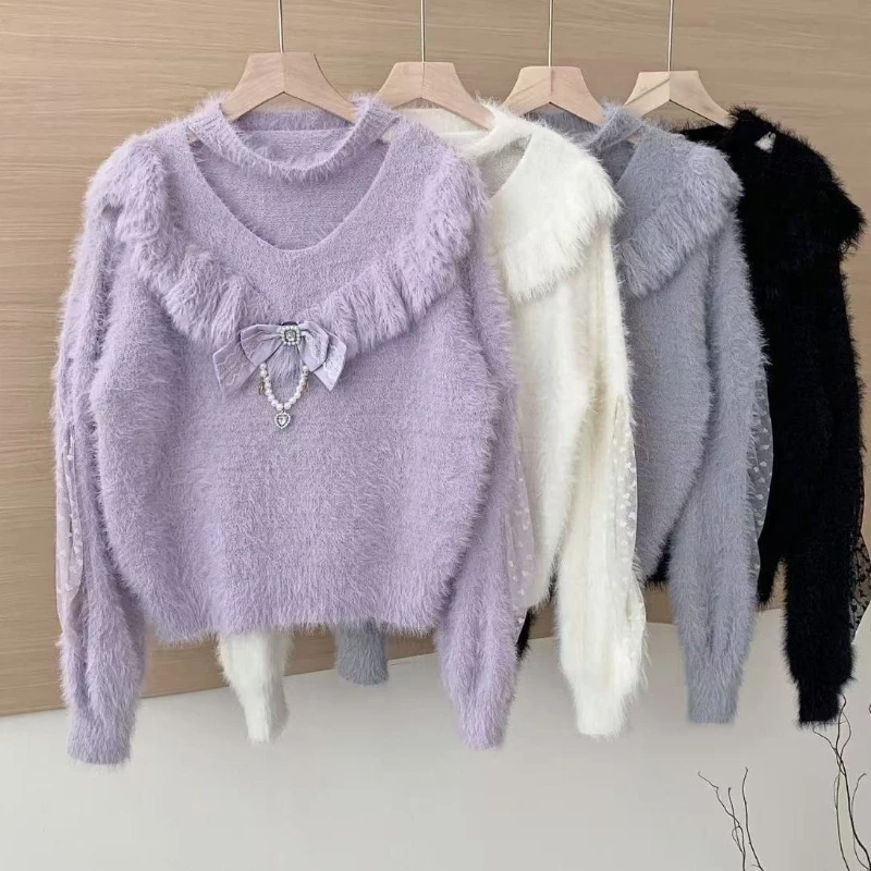 

Японский Kawaii кружевной бант из искусственного меха трикотажные топы Лолита сладкий пуловер с длинными рукавами милый вязаный свитер женский шик