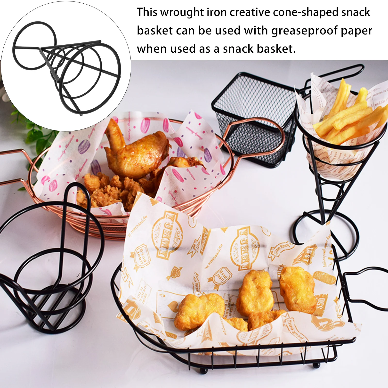 

1Pcs Snack Basket Holder Iron Wire Cone French Fries Stand for Fried Chicken Snacks Fast Food Serving Display Rack