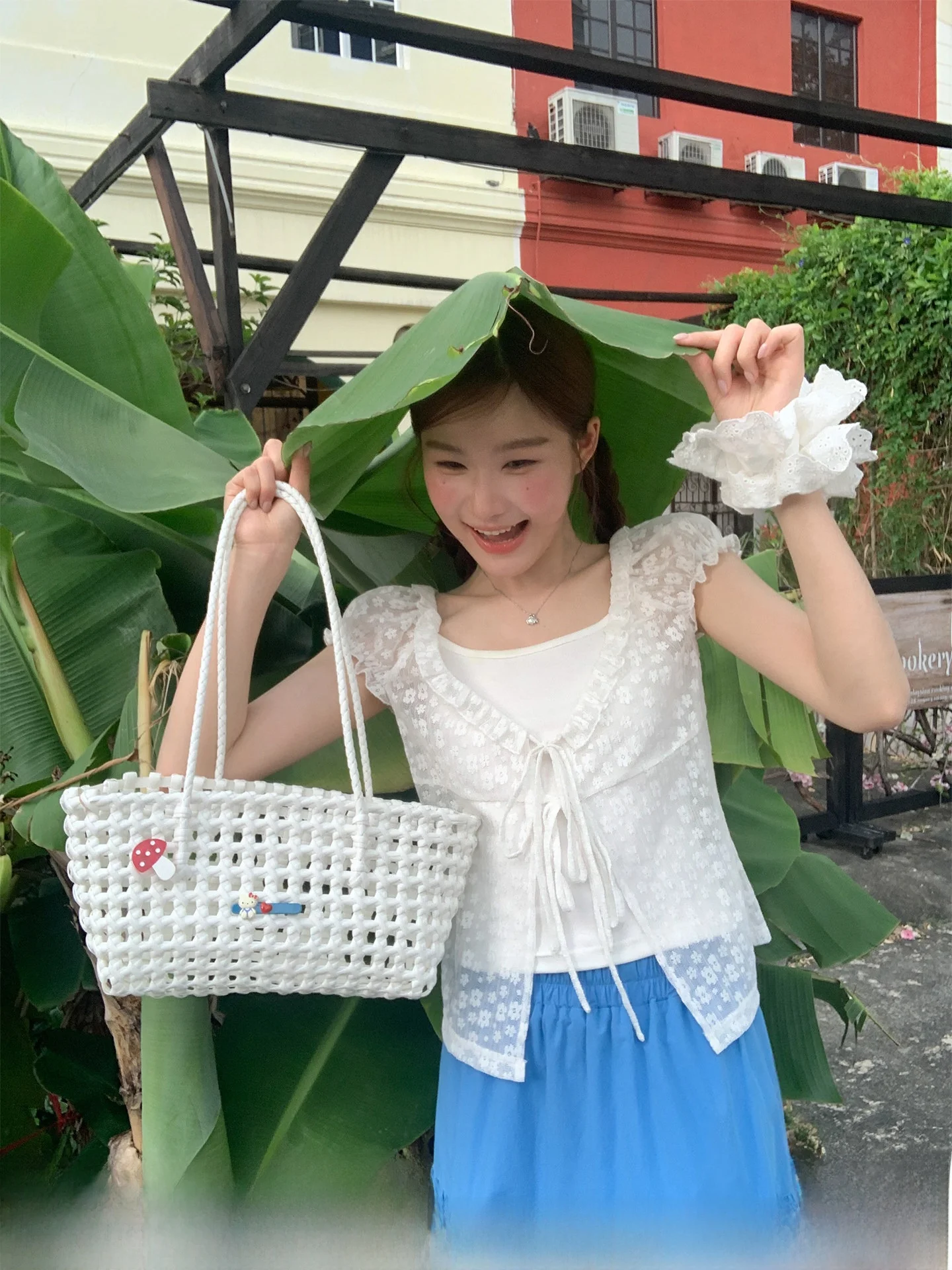 

Sweet Summer Casual Lace Shirt Two-Piece Set Women's Cannon Hello Korean Style Bubble Sleeve Polyester Spandex Cotton Blend