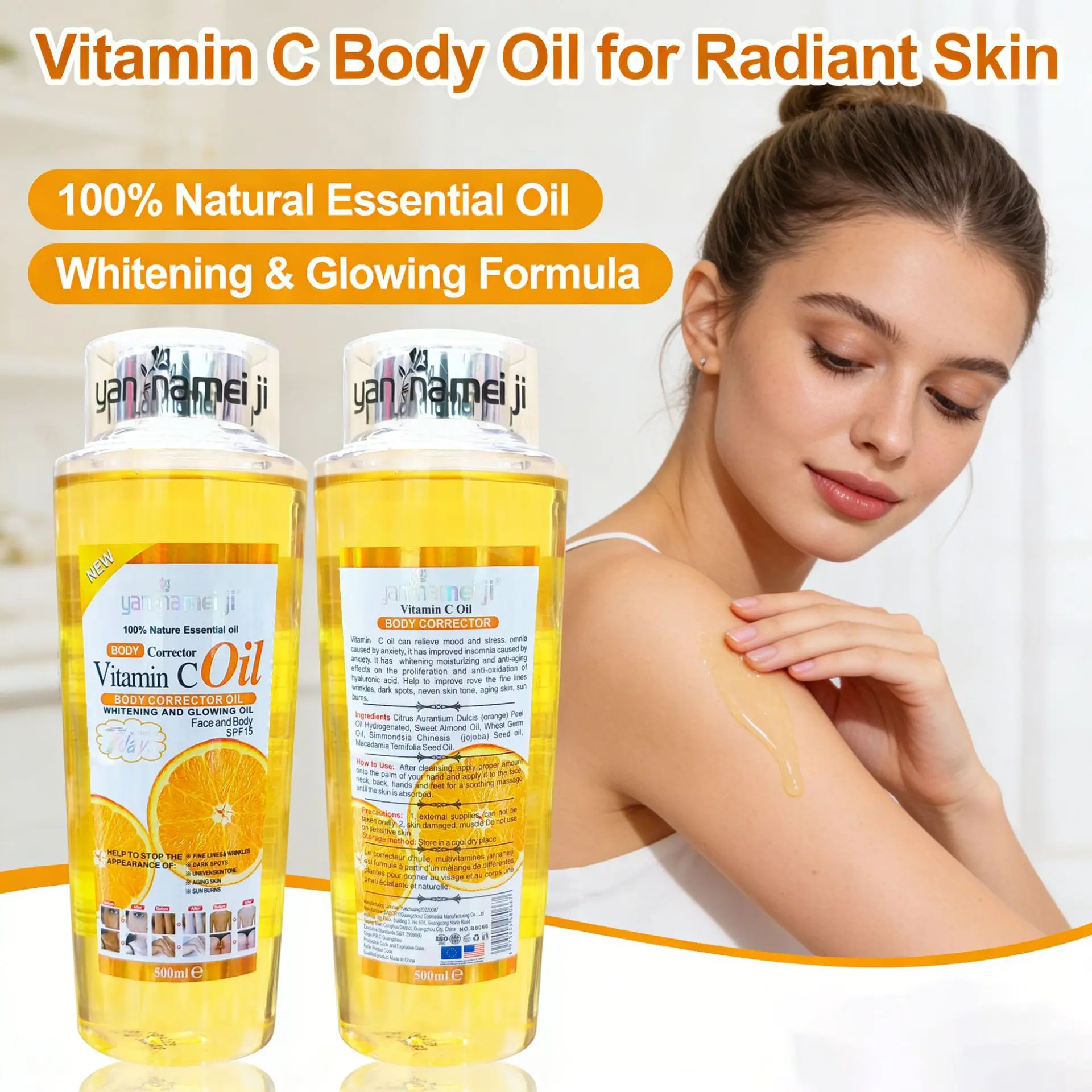 500Ml Vitamin C Essential Oil Brightening Skin Tone Moisturizing Facial Body Massage Oil Moisturizing Blackening Skin Care