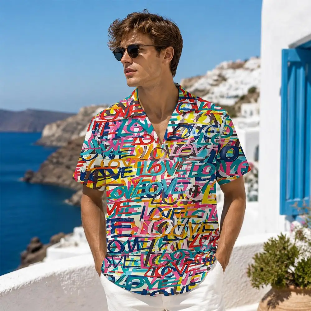Men 3D Abstract Graffiti Hawaiian Shirt Oversized Short Sleeve Lapel Blouse Hip Hop Streetwear Summer Beach Casual Male Tops