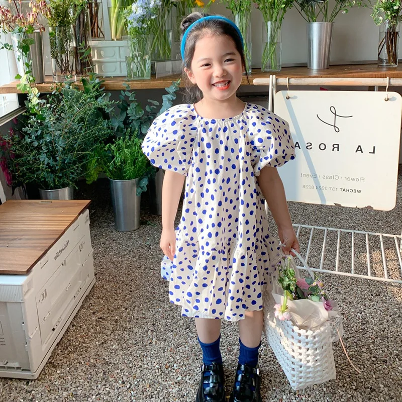 

Fashion Girls Dot Print Dress Short Bubble Sleeve Mid-Calf Cotton Sundress For Toddler Baby Girls Princess Kids Clothing