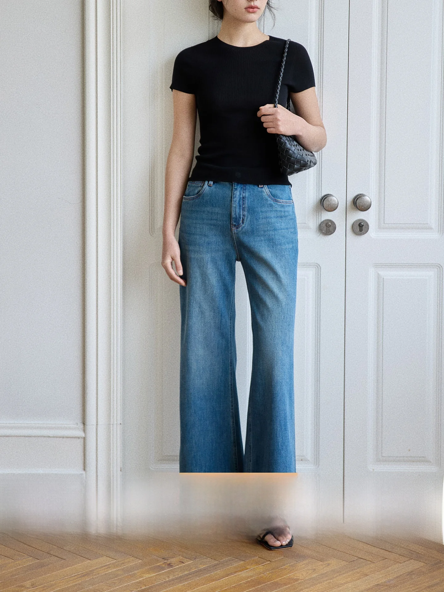 

Retro Blue Denim Straight Leg Pants High Waist Wide Leg Women's Spring Autumn Jeans GINNKEE Washed Cotton Zipper Closure
