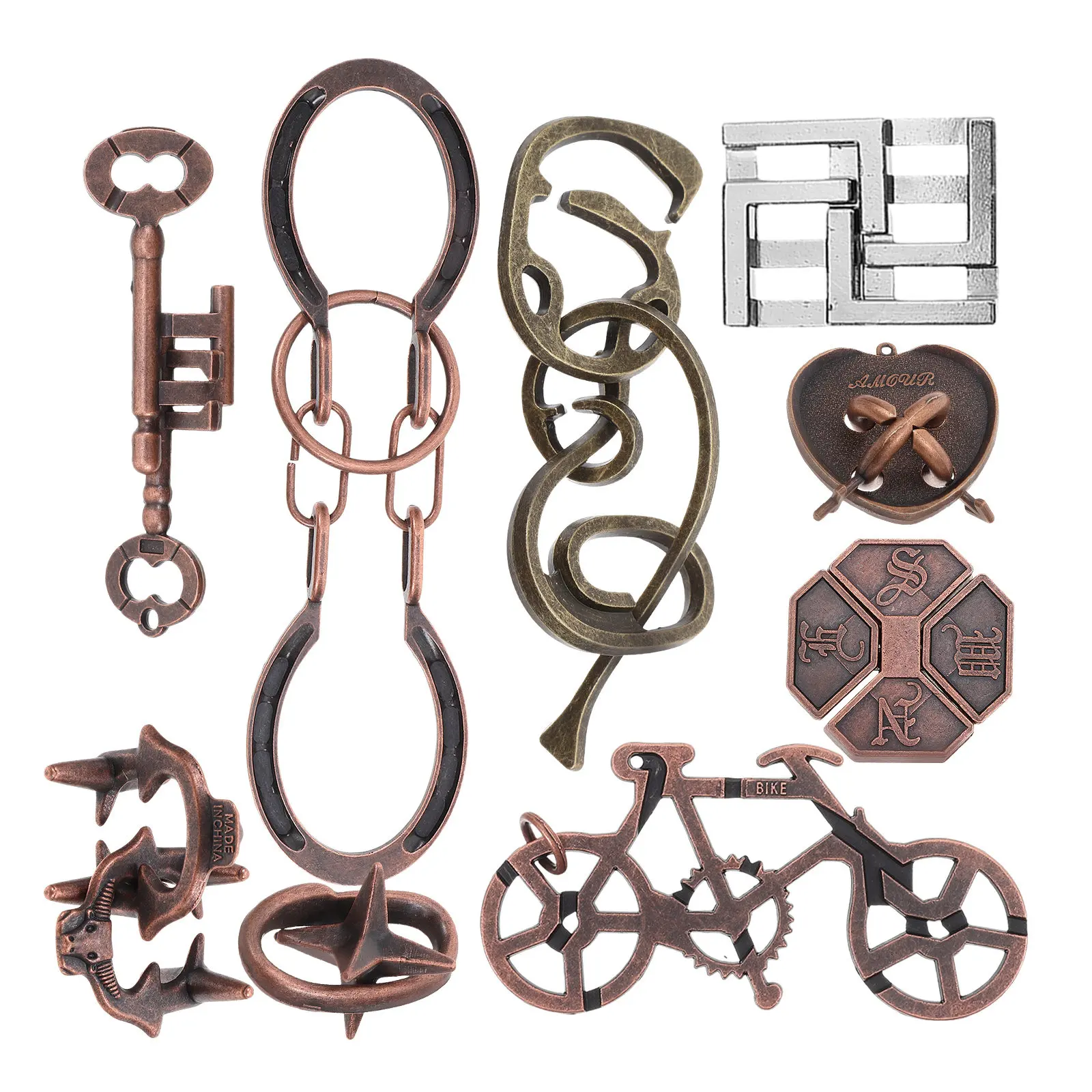 9Pcs Metal Brain Teaser Puzzle Set Lu Ban Lock Style Logic Game for Adult Learning Development Party Festival Interactive