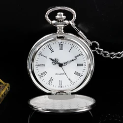 Vintage Silver Smooth Steel Pocket Watch with Chain Roman Numerals Silver Men's Quartz Pocket Watches for Men