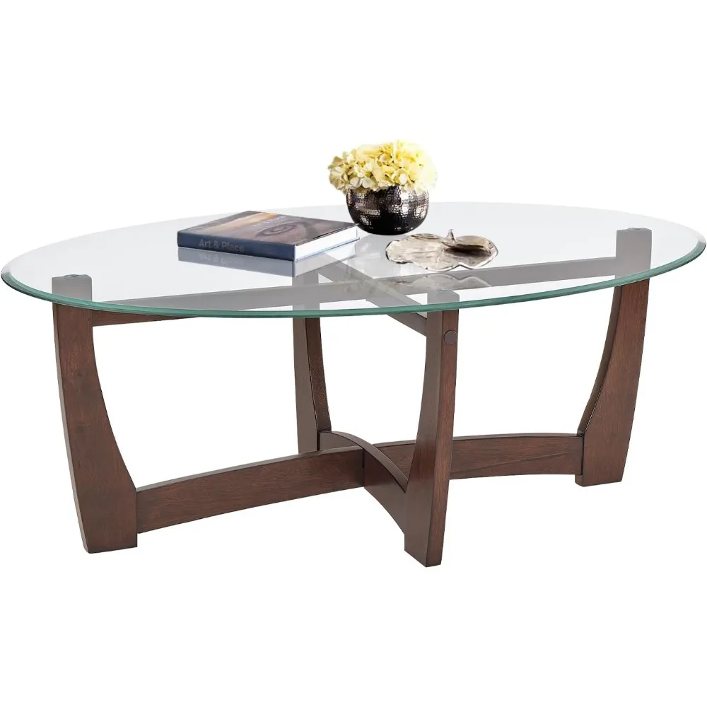 

48" Oval Glass Coffee Table with Tempered Glass Top Cross and Solid Wood Base Simple & Modern Center Table for Living Room Offic