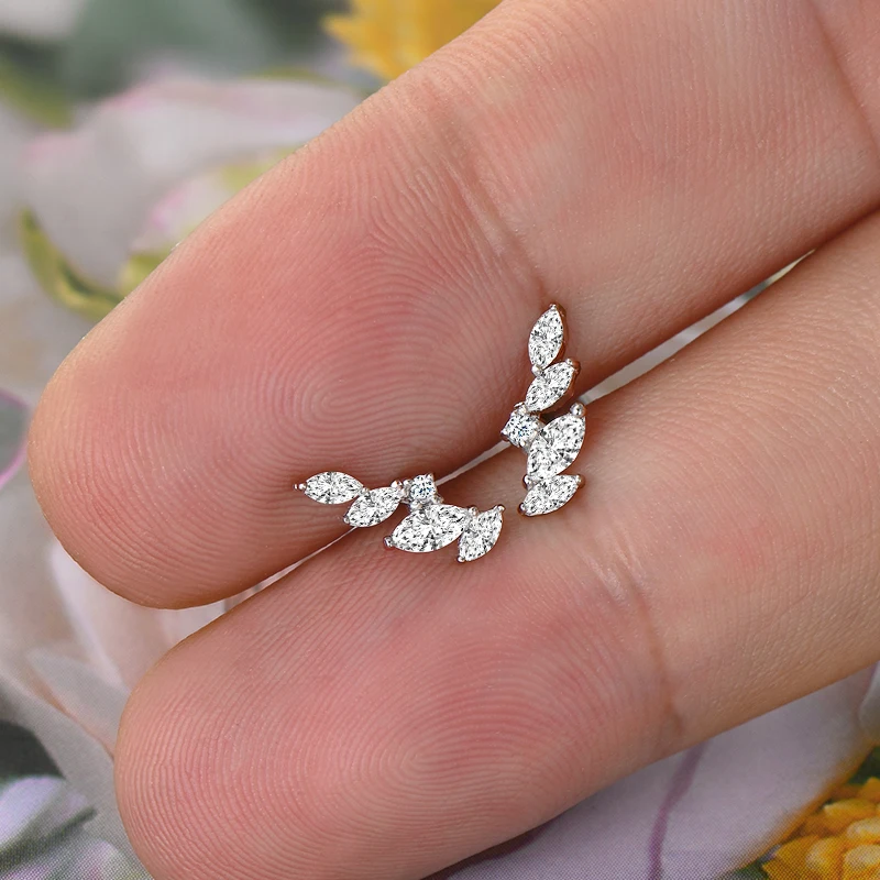 

IOGOU Trendy Leaf Shape Moissanite Stud Earrings for Women Silver 925 Sterling Mini Noodle Certified Jewelry Daily Wear Party