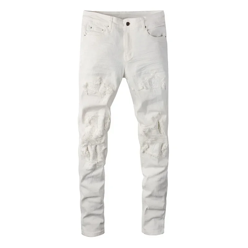 

LIBIELIY Four Seasons New Fashion Men's Casual Trendy Elastic White Slid Color Jeans Skinny Pants American Denim Trousers Street