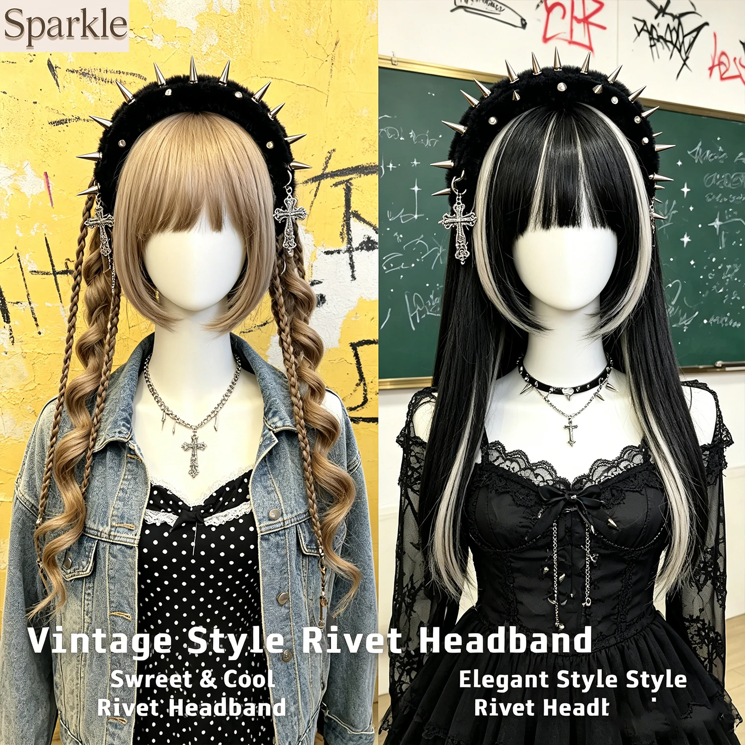 

Black/White Edgy Spiked Furry Headband with Cross Charm Gothic Y2K Style Hair Accessory for Fashionable Look