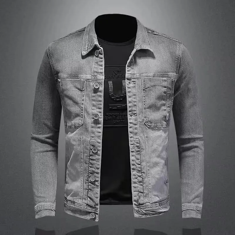 

Locomotive Casual Fashion Denim Jacket Grey Plus Size Slim Men Coat Lapels Single Breasted Long Sleeves Top Retro Men's Clothing