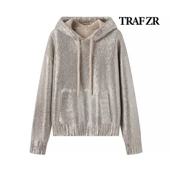 TRAF ZR Women's Sweater Knitted Hooded Y2k Pullovers Crop Knit Youthful Woman Clothes New Knit Winter Bronzing Vintage Christmas