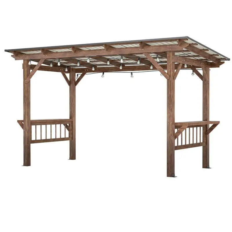 

13ft x 6.5ft Wooden Pergola Grill Gazebo with Metal Roof, Bulbs & Bar Counters - Perfect Outdoor Cooking & Dining Space