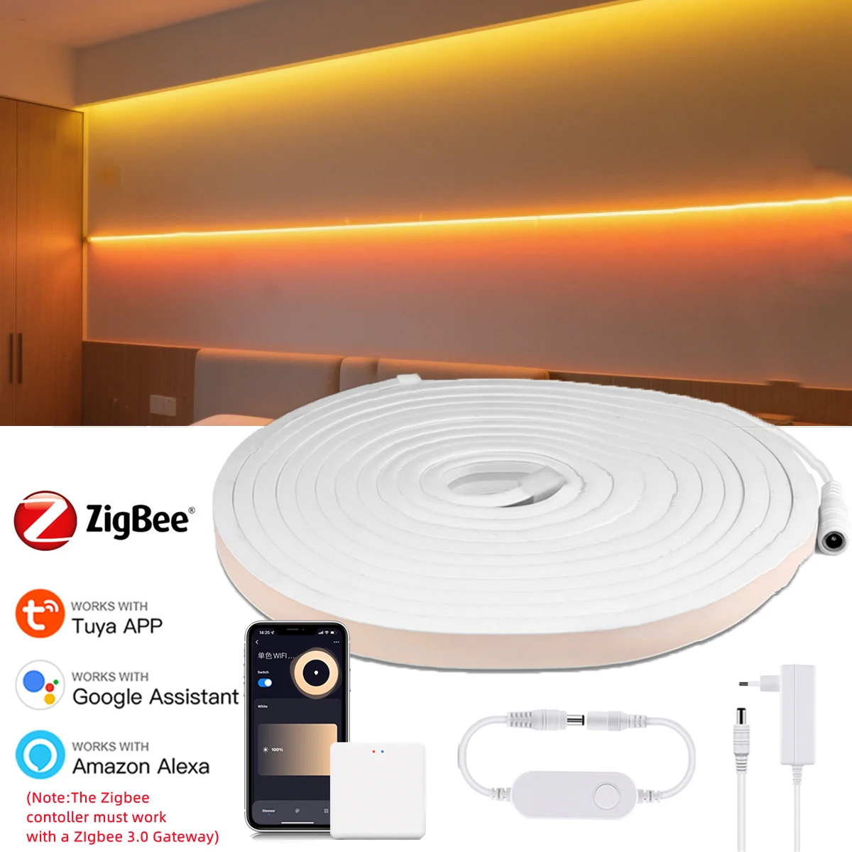 

Умный дом Tuya Zigbee Tape Неоновая световая лента Высокое качество 12 В Регулировка яркости Настенный светильник для кухонного шкафа, Need ZIgbee3.0 Gateway