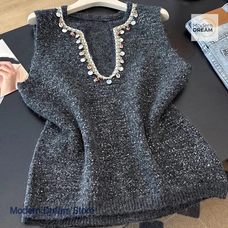 

French Bohemian beaded sequined knitted back women's autumn and winter new fashion plus size loose and slim stacked vest.