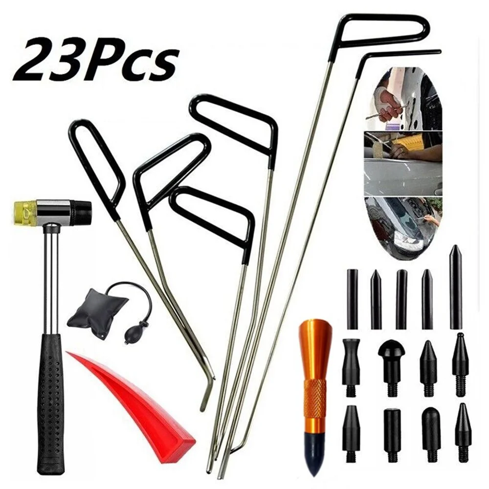 6/16/23 Pcs Car Dent Repair Hooks Stainless Steel Push Rods Car Body Dent Removal Crowbar Kit Automotive Ding Hail Puller Set