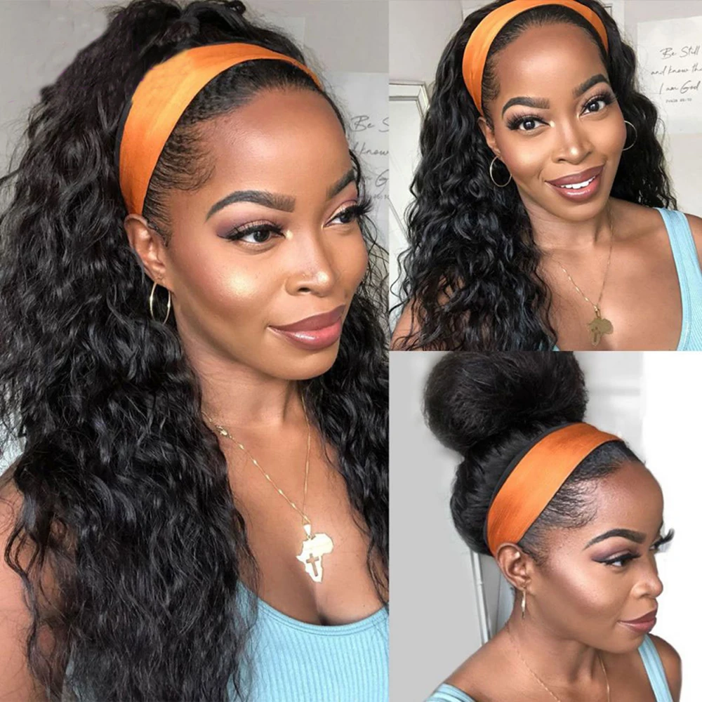 Headband Wigs Human Hair Deep Wave Headband Wigs for Black Women No Lace Front Wigs 9A Virgin Hair Deep Water Wave Headband Wig