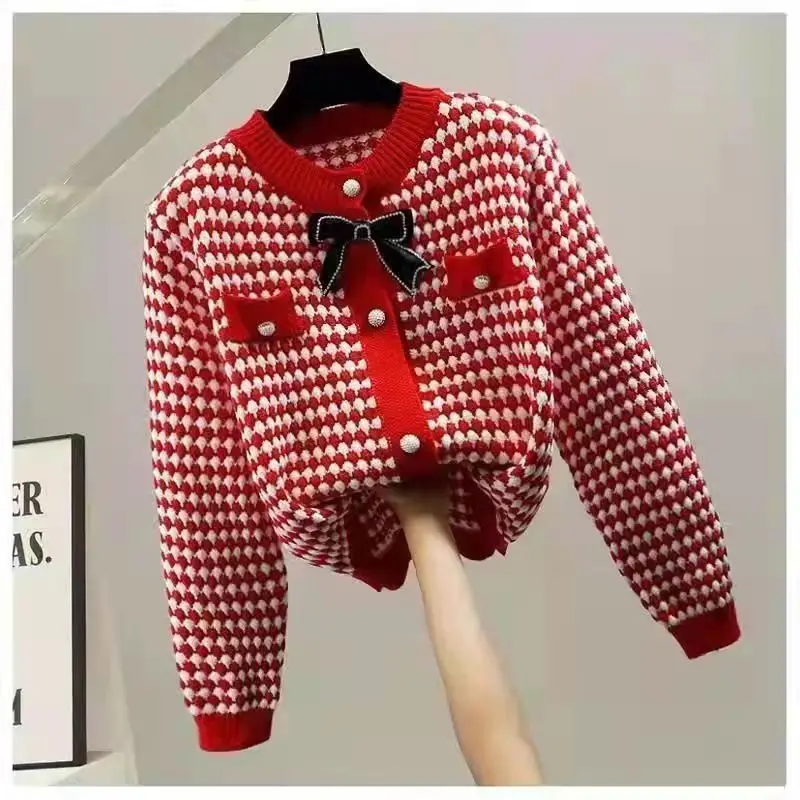 Vintage Button Patchwork Bow Cardigan Autumn Winter Long Sleeve All-match Youth Short Sweaters Top Fashion Korean Women Clothing