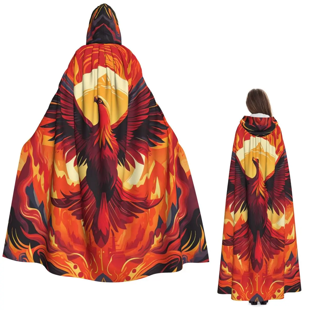 Phoenix Mythical Bird With Fiery Wings Long Hooded Cloak Witch Medieval Costume Cosplay Cape HalloweenVampire Adult Unisex