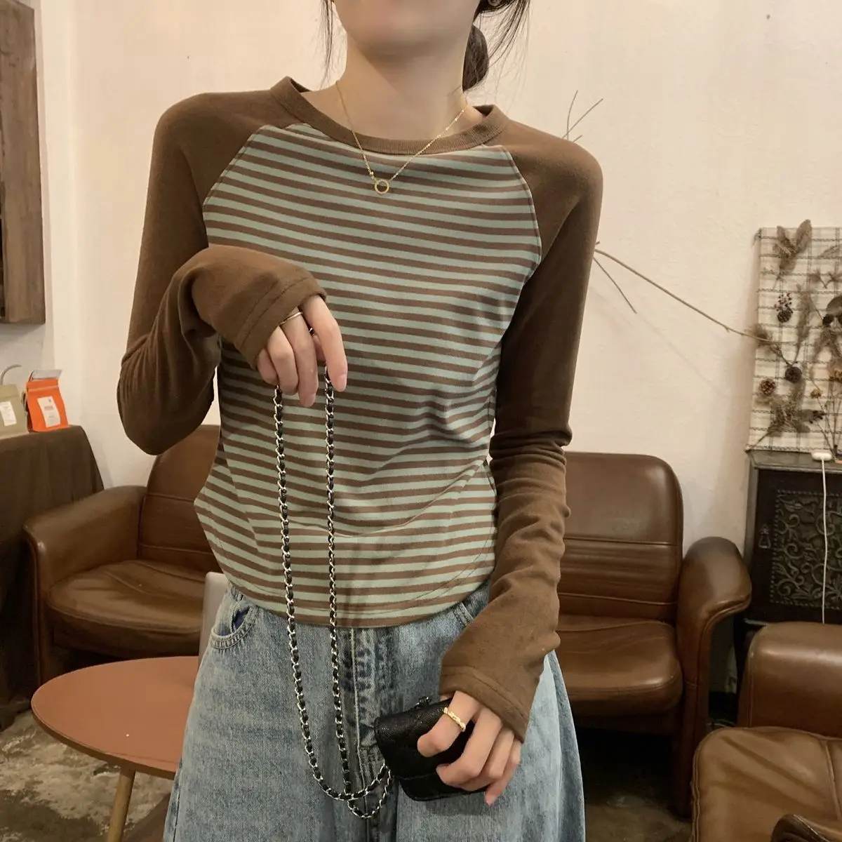 Tshirt Slim Top for Women Striped 2024 Brown Tee Luxury Woman T-shirt Y 2k Harajuku Clothing High Quality Alt Aesthetic Sale Emo