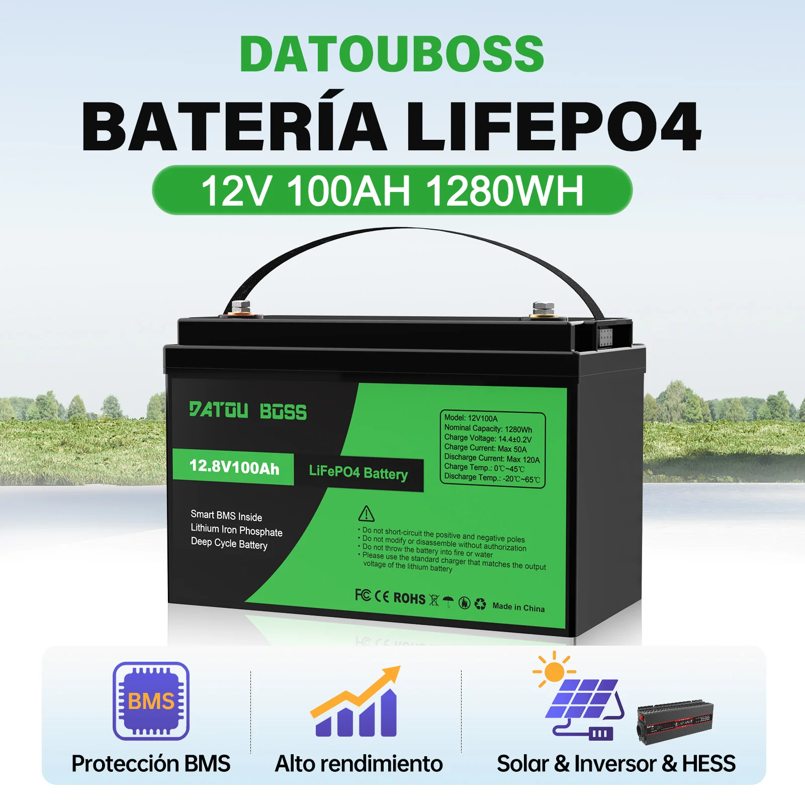 Datouboss 12V 100Ah LiFePO4 Deep Cycle Battery Built in BMS, High Performance for Solar, Inverter, HESS, 1280Wh