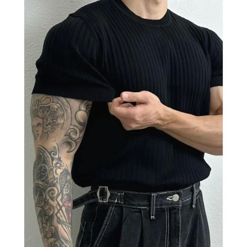 Luxury Brand 2025 New Men T-shirt Knitted Short Sleeves O-neck Shirt Fashion Solid Elastic Slim Tees